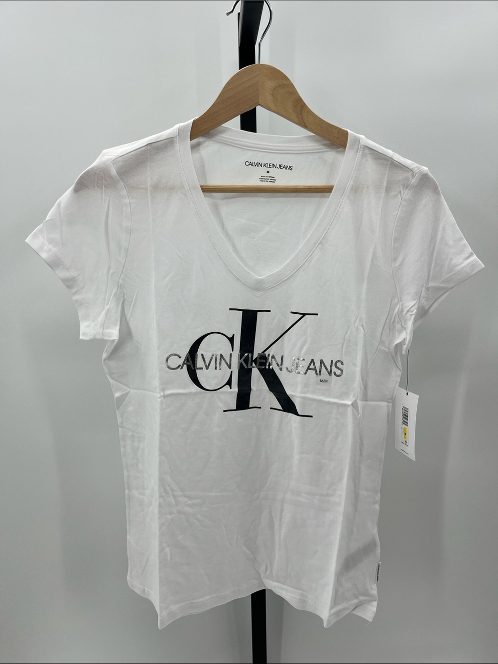 Calvin Klein Jeans White V-Neck Logo Tee with Black CK